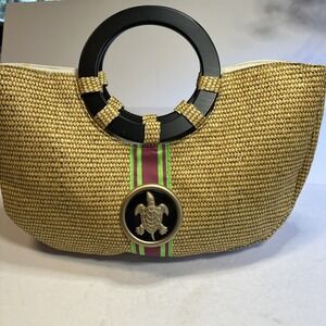 Vtg Turtle Straw Purse Braciano Medallion Wooden Handles Beach